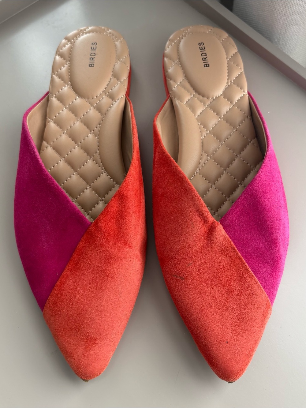 Birdies The Swan Fruit Punch Suede Mules Pink Orange Pointed Toe, 8.5 🩷